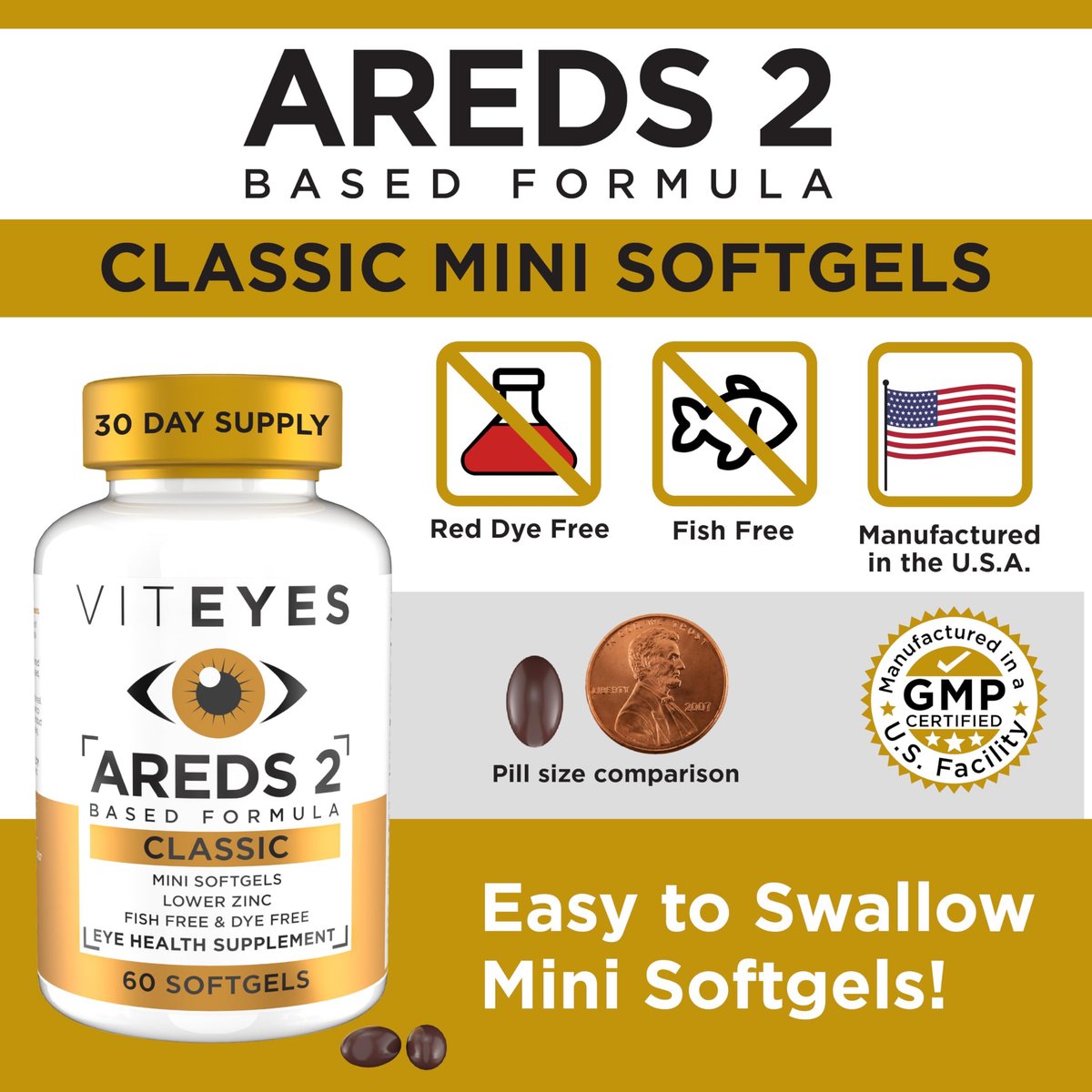 Viteyes AREDS 2 Classic Makulare Gesundheitsformel Weichkapseln, Augenvitamin für Sehschutz, reduziertes Zink, Augen Vitamine, Makulavitamine, Beta-Carotin-frei, 60 Weichkapseln