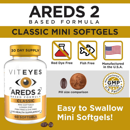 Viteyes AREDS 2 Classic Makulare Gesundheitsformel Weichkapseln, Augenvitamin für Sehschutz, reduziertes Zink, Augen Vitamine, Makulavitamine, Beta-Carotin-frei, 60 Weichkapseln