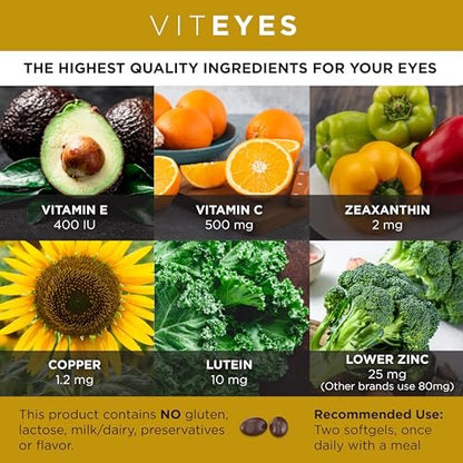 Viteyes AREDS 2 Classic Makulare Gesundheitsformel Weichkapseln, Augenvitamin für Sehschutz, reduziertes Zink, Augen Vitamine, Makulavitamine, Beta-Carotin-frei, 60 Weichkapseln