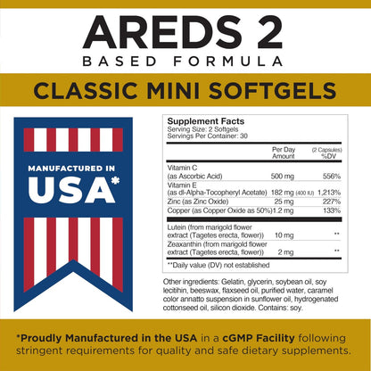 Viteyes AREDS 2 Classic Makulare Gesundheitsformel Weichkapseln, Augenvitamin für Sehschutz, reduziertes Zink, Augen Vitamine, Makulavitamine, Beta-Carotin-frei, 60 Weichkapseln