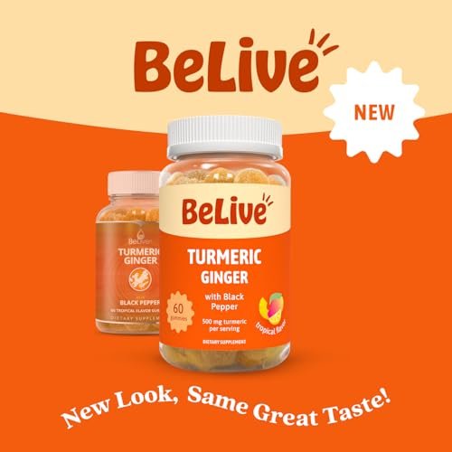 BeLive Kurkuma und Ingwer Gummis - 500mg - Gelenk- und Beweglichkeitsunterstützung - Curcumin mit schwarzem Pfeffer für verbesserte Aufnahme - Glutenfrei und vegan - Tropischer Geschmack - 60 Stück