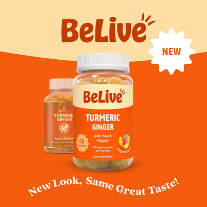 BeLive Kurkuma und Ingwer Gummis - 500mg - Gelenk- und Beweglichkeitsunterstützung - Curcumin mit schwarzem Pfeffer für verbesserte Aufnahme - Glutenfrei und vegan - Tropischer Geschmack - 60 Stück