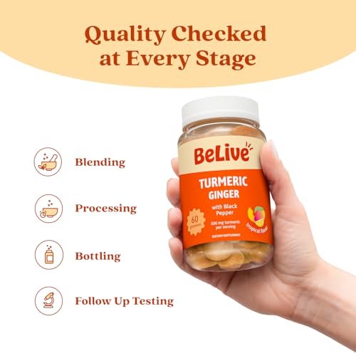 BeLive Kurkuma und Ingwer Gummis - 500mg - Gelenk- und Beweglichkeitsunterstützung - Curcumin mit schwarzem Pfeffer für verbesserte Aufnahme - Glutenfrei und vegan - Tropischer Geschmack - 60 Stück