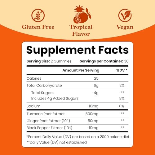 BeLive Kurkuma und Ingwer Gummis - 500mg - Gelenk- und Beweglichkeitsunterstützung - Curcumin mit schwarzem Pfeffer für verbesserte Aufnahme - Glutenfrei und vegan - Tropischer Geschmack - 60 Stück