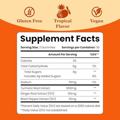 BeLive Kurkuma und Ingwer Gummis - 500mg - Gelenk- und Beweglichkeitsunterstützung - Curcumin mit schwarzem Pfeffer für verbesserte Aufnahme - Glutenfrei und vegan - Tropischer Geschmack - 60 Stück