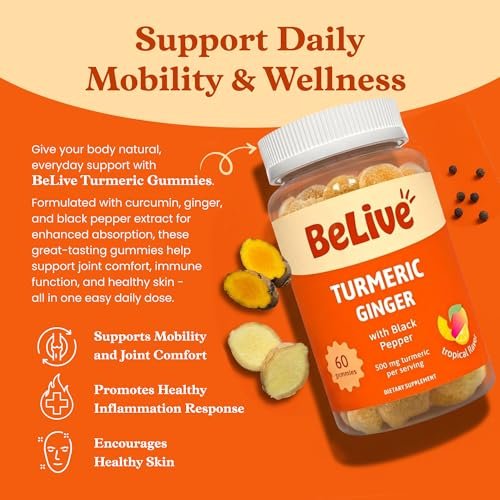 BeLive Kurkuma und Ingwer Gummis - 500mg - Gelenk- und Beweglichkeitsunterstützung - Curcumin mit schwarzem Pfeffer für verbesserte Aufnahme - Glutenfrei und vegan - Tropischer Geschmack - 60 Stück