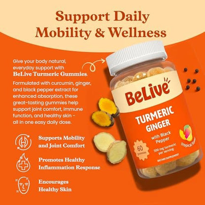 BeLive Kurkuma und Ingwer Gummis - 500mg - Gelenk- und Beweglichkeitsunterstützung - Curcumin mit schwarzem Pfeffer für verbesserte Aufnahme - Glutenfrei und vegan - Tropischer Geschmack - 60 Stück