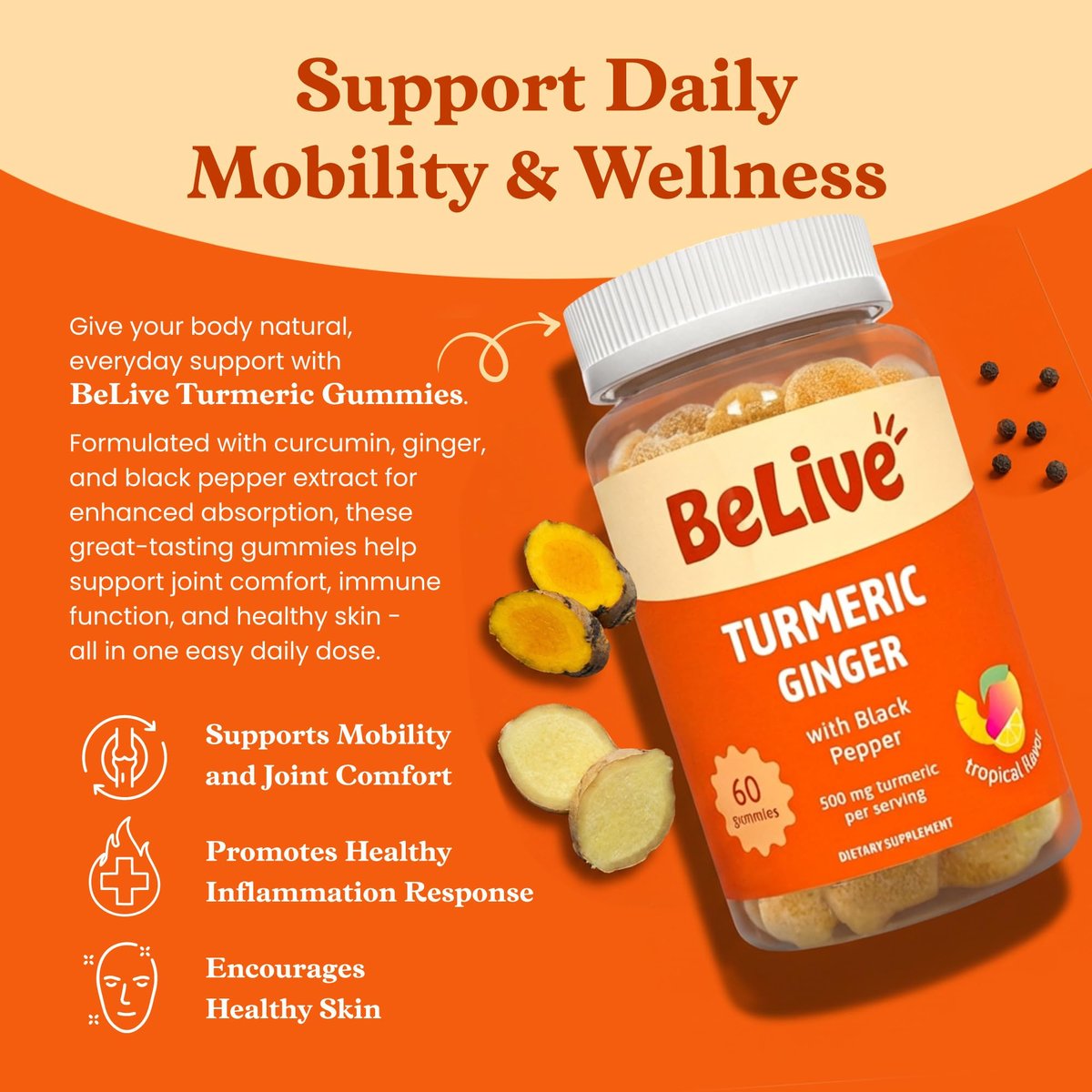 BeLive Kurkuma und Ingwer Gummis - 500mg - Gelenk- und Beweglichkeitsunterstützung - Curcumin mit schwarzem Pfeffer für verbesserte Aufnahme - Glutenfrei und vegan - Tropischer Geschmack - 60 Stück