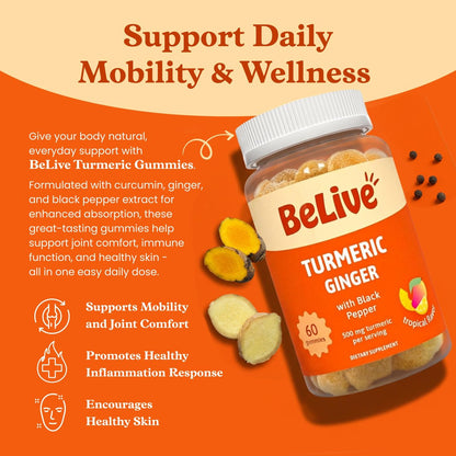 BeLive Kurkuma und Ingwer Gummis - 500mg - Gelenk- und Beweglichkeitsunterstützung - Curcumin mit schwarzem Pfeffer für verbesserte Aufnahme - Glutenfrei und vegan - Tropischer Geschmack - 60 Stück