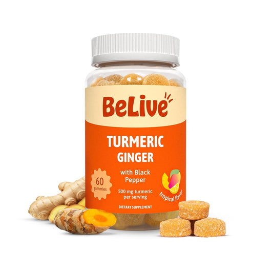 BeLive Kurkuma und Ingwer Gummis - 500mg - Gelenk- und Beweglichkeitsunterstützung - Curcumin mit schwarzem Pfeffer für verbesserte Aufnahme - Glutenfrei und vegan - Tropischer Geschmack - 60 Stück