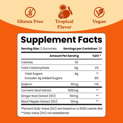 BeLive Kurkuma und Ingwer Gummis - 500mg - Gelenk- und Beweglichkeitsunterstützung - Curcumin mit schwarzem Pfeffer für verbesserte Aufnahme - Glutenfrei und vegan - Tropischer Geschmack - 60 Stück