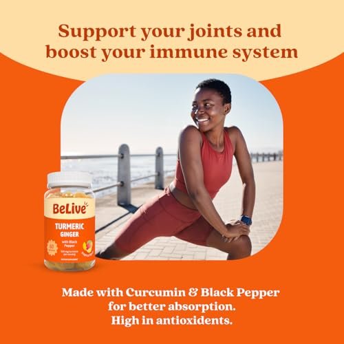 BeLive Kurkuma und Ingwer Gummis - 500mg - Gelenk- und Beweglichkeitsunterstützung - Curcumin mit schwarzem Pfeffer für verbesserte Aufnahme - Glutenfrei und vegan - Tropischer Geschmack - 60 Stück