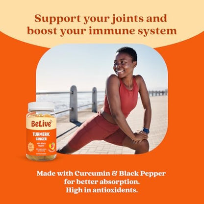 BeLive Kurkuma und Ingwer Gummis - 500mg - Gelenk- und Beweglichkeitsunterstützung - Curcumin mit schwarzem Pfeffer für verbesserte Aufnahme - Glutenfrei und vegan - Tropischer Geschmack - 60 Stück