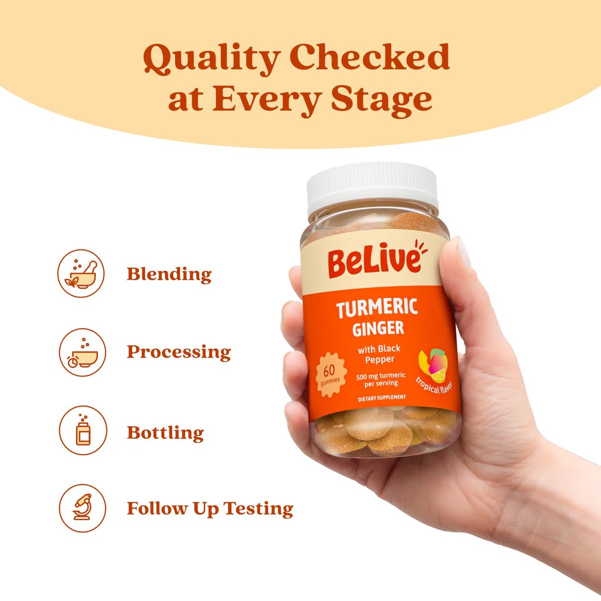 BeLive Kurkuma und Ingwer Gummis - 500mg - Gelenk- und Beweglichkeitsunterstützung - Curcumin mit schwarzem Pfeffer für verbesserte Aufnahme - Glutenfrei und vegan - Tropischer Geschmack - 60 Stück