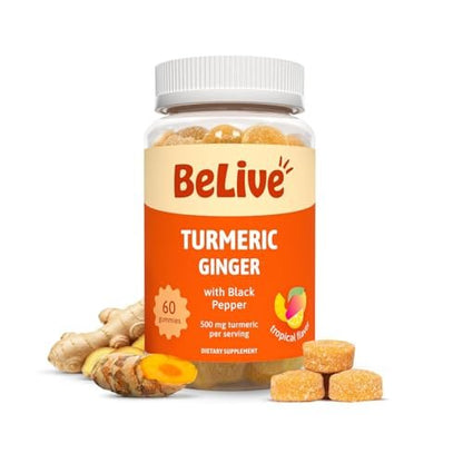 BeLive Kurkuma und Ingwer Gummis - 500mg - Gelenk- und Beweglichkeitsunterstützung - Curcumin mit schwarzem Pfeffer für verbesserte Aufnahme - Glutenfrei und vegan - Tropischer Geschmack - 60 Stück