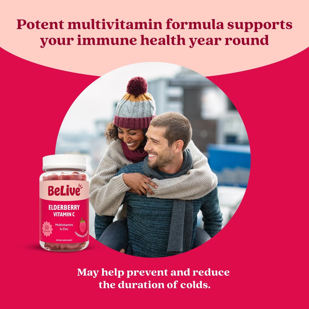 BeLive Holunderbeeren Gummibärchen mit Vitamin C, D3 und Zink - Multivitamin-Präparat zur Unterstützung des Immunsystems für Kinder & Erwachsene - 50 Stück - Himbeergeschmack