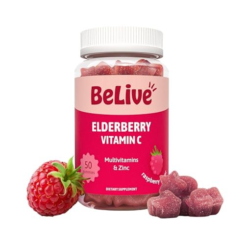 BeLive Holunderbeeren Gummibärchen mit Vitamin C, D3 und Zink - Multivitamin-Präparat zur Unterstützung des Immunsystems für Kinder & Erwachsene - 50 Stück - Himbeergeschmack