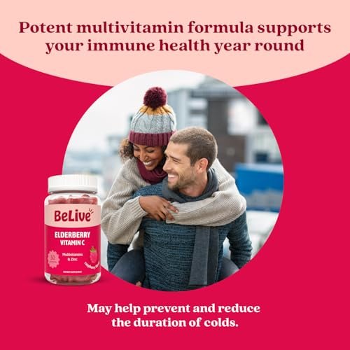 BeLive Holunderbeeren Gummibärchen mit Vitamin C, D3 und Zink - Multivitamin-Präparat zur Unterstützung des Immunsystems für Kinder & Erwachsene - 50 Stück - Himbeergeschmack