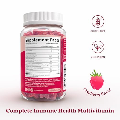 BeLive Holunderbeeren Gummibärchen mit Vitamin C, D3 und Zink - Multivitamin-Präparat zur Unterstützung des Immunsystems für Kinder & Erwachsene - 50 Stück - Himbeergeschmack