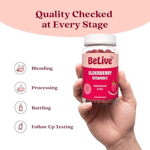 BeLive Holunderbeeren Gummibärchen mit Vitamin C, D3 und Zink - Multivitamin-Präparat zur Unterstützung des Immunsystems für Kinder & Erwachsene - 50 Stück - Himbeergeschmack