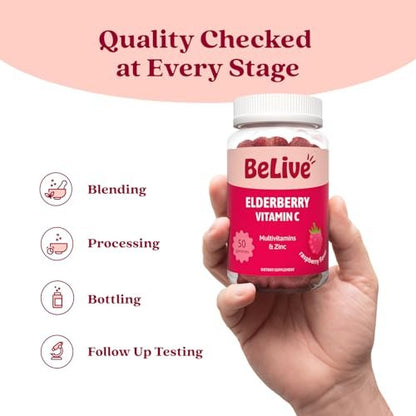 BeLive Holunderbeeren Gummibärchen mit Vitamin C, D3 und Zink - Multivitamin-Präparat zur Unterstützung des Immunsystems für Kinder & Erwachsene - 50 Stück - Himbeergeschmack