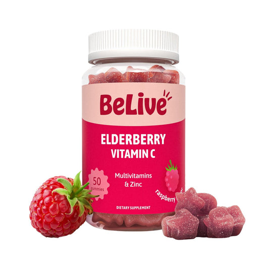 BeLive Holunderbeeren Gummibärchen mit Vitamin C, D3 und Zink - Multivitamin-Präparat zur Unterstützung des Immunsystems für Kinder & Erwachsene - 50 Stück - Himbeergeschmack