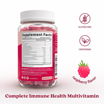 BeLive Holunderbeeren Gummibärchen mit Vitamin C, D3 und Zink - Multivitamin-Präparat zur Unterstützung des Immunsystems für Kinder & Erwachsene - 50 Stück - Himbeergeschmack