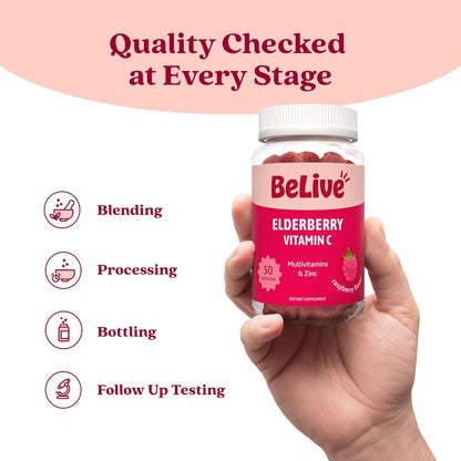BeLive Holunderbeeren Gummibärchen mit Vitamin C, D3 und Zink - Multivitamin-Präparat zur Unterstützung des Immunsystems für Kinder & Erwachsene - 50 Stück - Himbeergeschmack