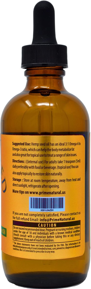 Prime Natural Bio Hanföl 118 ml – USDA Bio, Kaltgepresst, nativ, unraffiniert, vegan – Reich an Omega 3-6-9 – Für Gesicht, Körper, Haut & Haare
