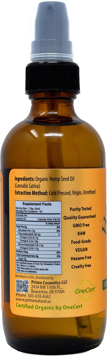 Prime Natural Bio Hanföl 118 ml – USDA Bio, Kaltgepresst, nativ, unraffiniert, vegan – Reich an Omega 3-6-9 – Für Gesicht, Körper, Haut & Haare