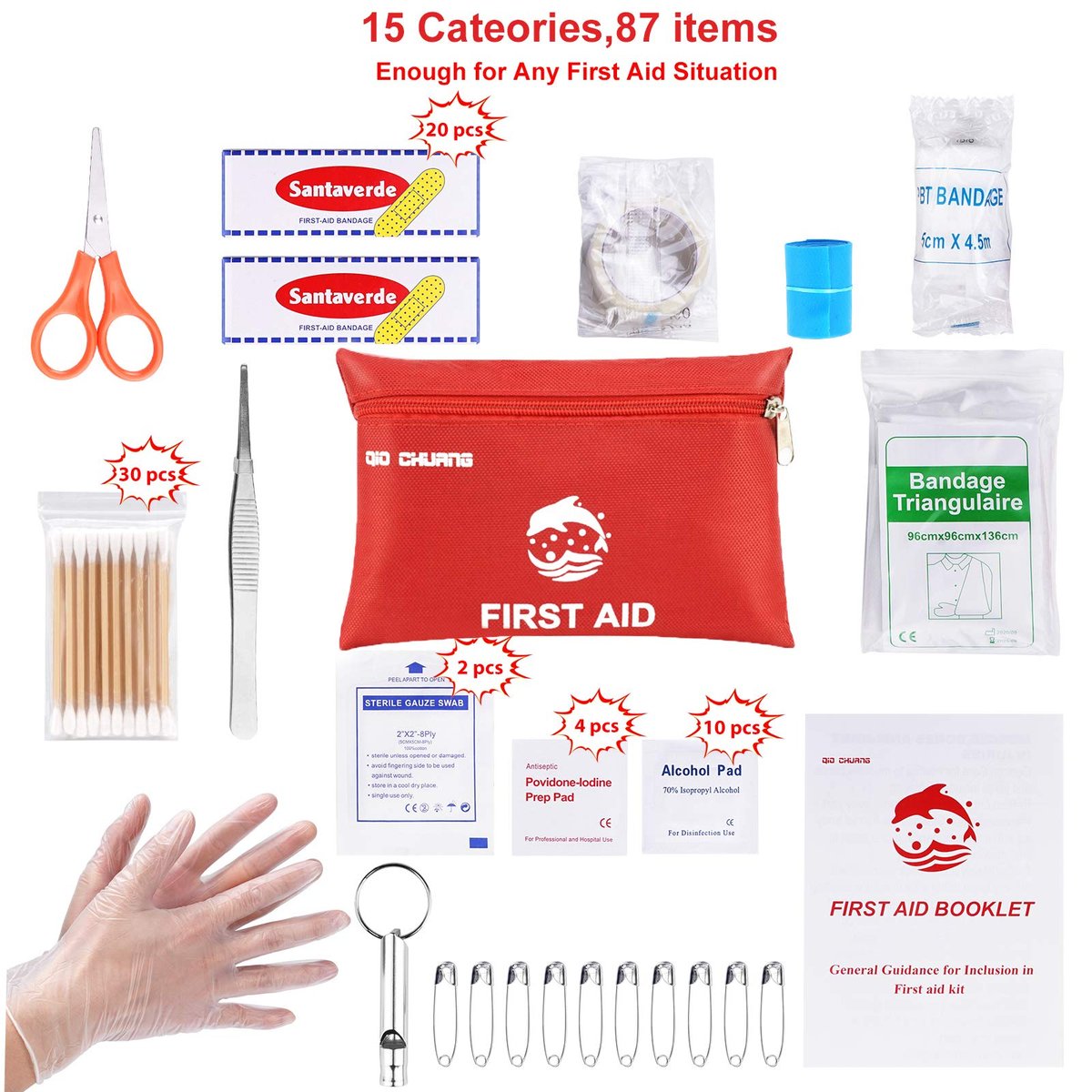 Kleines Reise-Erste-Hilfe-Set – 87-teilig zur Behandlung der meisten Verletzungen, ideal für Zuhause, unterwegs, Auto, Camping, Arbeit, Wandern
