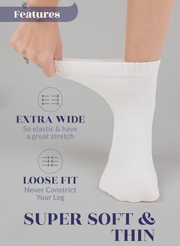 Hugh Ugoli Diabetiker Socken für Damen, Superweiche & Dünne Knöchelsocken, Weit & Locker, Nicht-Einschnürendes Bündchen & Nahtlose Zehen, 4 Paar, Weiß, Schuhgröße: 6-9