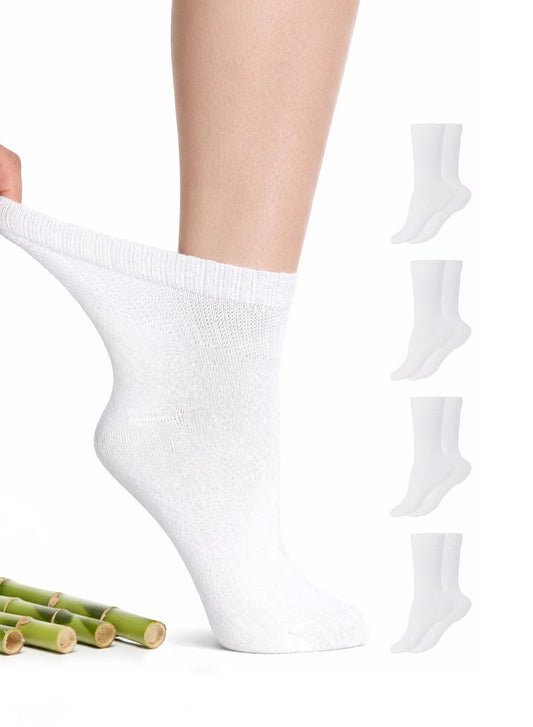 Hugh Ugoli Diabetiker Socken für Damen, Superweiche & Dünne Knöchelsocken, Weit & Locker, Nicht-Einschnürendes Bündchen & Nahtlose Zehen, 4 Paar, Weiß, Schuhgröße: 6-9