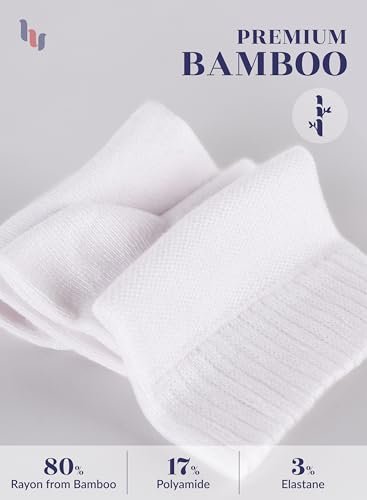 Hugh Ugoli Diabetiker Socken für Damen, Superweiche & Dünne Knöchelsocken, Weit & Locker, Nicht-Einschnürendes Bündchen & Nahtlose Zehen, 4 Paar, Weiß, Schuhgröße: 6-9