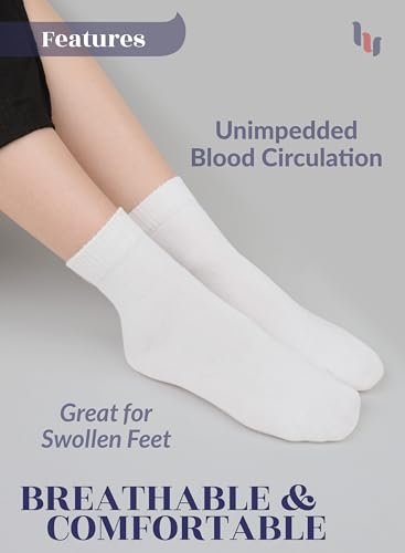 Hugh Ugoli Diabetiker Socken für Damen, Superweiche & Dünne Knöchelsocken, Weit & Locker, Nicht-Einschnürendes Bündchen & Nahtlose Zehen, 4 Paar, Weiß, Schuhgröße: 6-9