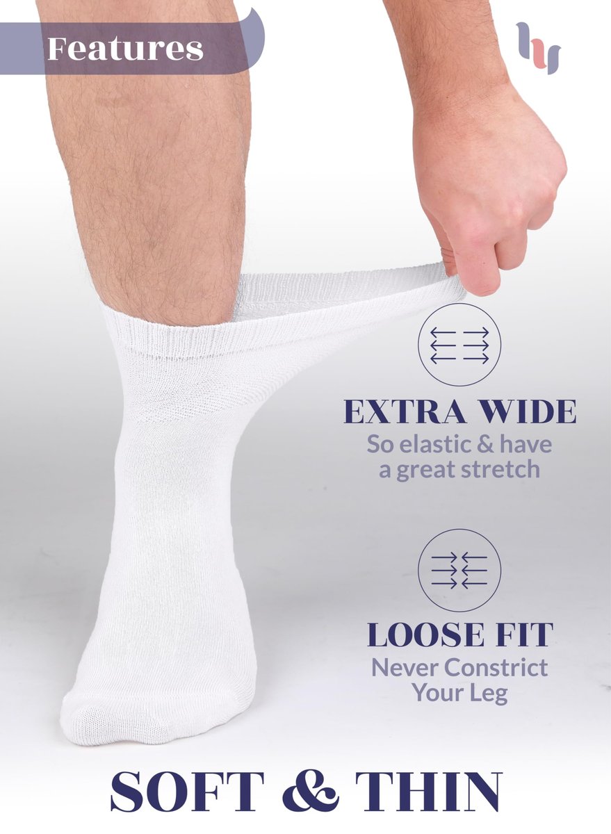 Hugh Ugoli Diabetikersocken für Herren, lockerer Knöchelsocken aus Rayon, extra-weit, dünn, nahtlose Zehenpartie und nicht einschnürendes Bündchen, 4 Paar, Weiß, Schuhgröße: 8-11