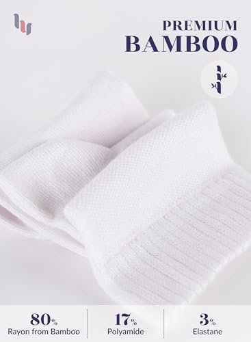 Hugh Ugoli Diabetikersocken für Herren, lockerer Knöchelsocken aus Rayon, extra-weit, dünn, nahtlose Zehenpartie und nicht einschnürendes Bündchen, 4 Paar, Weiß, Schuhgröße: 8-11
