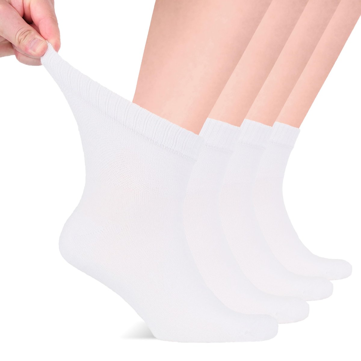 Hugh Ugoli Diabetikersocken für Herren, lockerer Knöchelsocken aus Rayon, extra-weit, dünn, nahtlose Zehenpartie und nicht einschnürendes Bündchen, 4 Paar, Weiß, Schuhgröße: 8-11