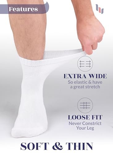 Hugh Ugoli Diabetikersocken für Herren, lockerer Knöchelsocken aus Rayon, extra-weit, dünn, nahtlose Zehenpartie und nicht einschnürendes Bündchen, 4 Paar, Weiß, Schuhgröße: 8-11