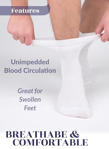 Hugh Ugoli Diabetikersocken für Herren, lockerer Knöchelsocken aus Rayon, extra weit, dünn, nahtlose Zehenpartie und nicht einschnürendes Bündchen, 4 Paar, Weiß, Schuhgröße: 11-13