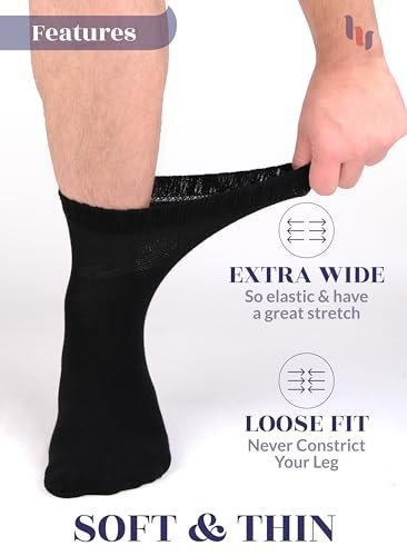 Hugh Ugoli Diabetikersocken für Herren, lockerer Knöchelsocken aus Rayon, extra weit, dünn, nahtlose Zehenpartie und nicht einschnürendes Bündchen, 4 Paar, Schwarz, Schuhgröße: 8-11