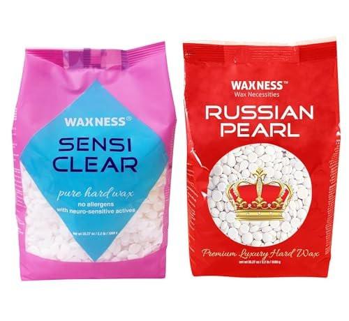 Waxness RUSSIAN PEARL (Cremig) & SENSI CLEAR (Gel) – Stripless Hartwachs für empfindliche Haut, Brazilian & Ganzkörper-Haarentfernung, 2x 1 kg, Hergestellt in Italien