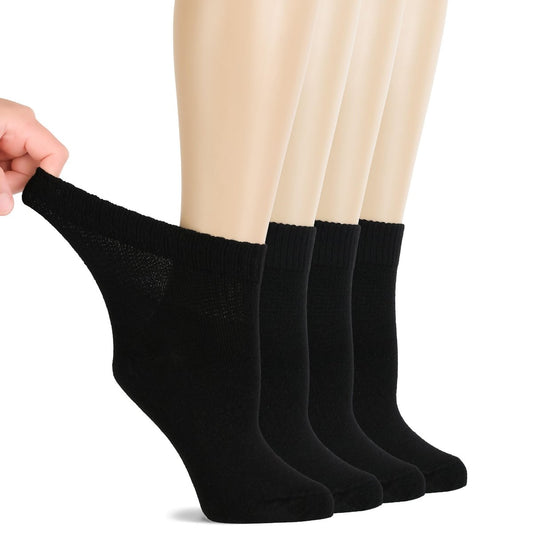 Hugh Ugoli Diabetiker Socken für Damen, Superweiche & Dünne Knöchelsocken, Weite & Lockere Passform, Nicht einschnürendes Bündchen & Nahtlose Zehenpartie, 4 Paar, Schwarz, Schuhgröße: 6-9