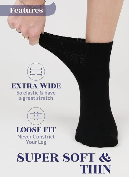 Hugh Ugoli Diabetiker Socken für Damen, Superweiche & Dünne Knöchelsocken, Weite & Lockere Passform, Nicht einschnürendes Bündchen & Nahtlose Zehenpartie, 4 Paar, Schwarz, Schuhgröße: 6-9