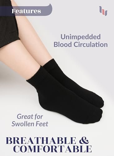 Hugh Ugoli Diabetikersocken für Damen – Superweiche & Dünne Knöchelsocken, Weit & Locker, Nicht Einschnürendes Bündchen & Nahtlose Zehenpartie, 4 Paar, Schwarz, Schuhgröße: 10-12