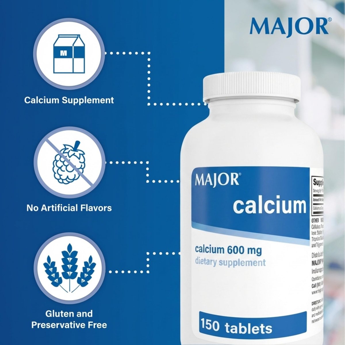 Major 600mg Calcium Tabletten – Calcium Nahrungsergänzungsmittel – 150 Stück (1 Packung)