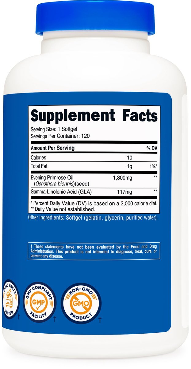 Nutricost Nachtkerzenöl 1.300 mg, 120 Softgels – Kaltgepresst, Non-GMO, Glutenfrei, 120 Portionen