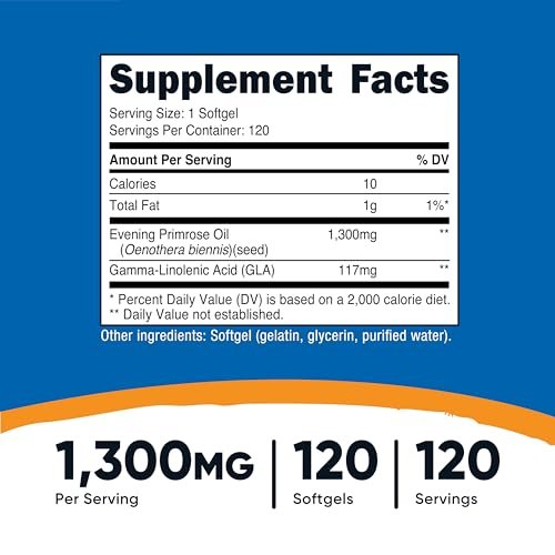 Nutricost Nachtkerzenöl 1.300 mg, 120 Softgels – Kaltgepresst, Non-GMO, Glutenfrei, 120 Portionen