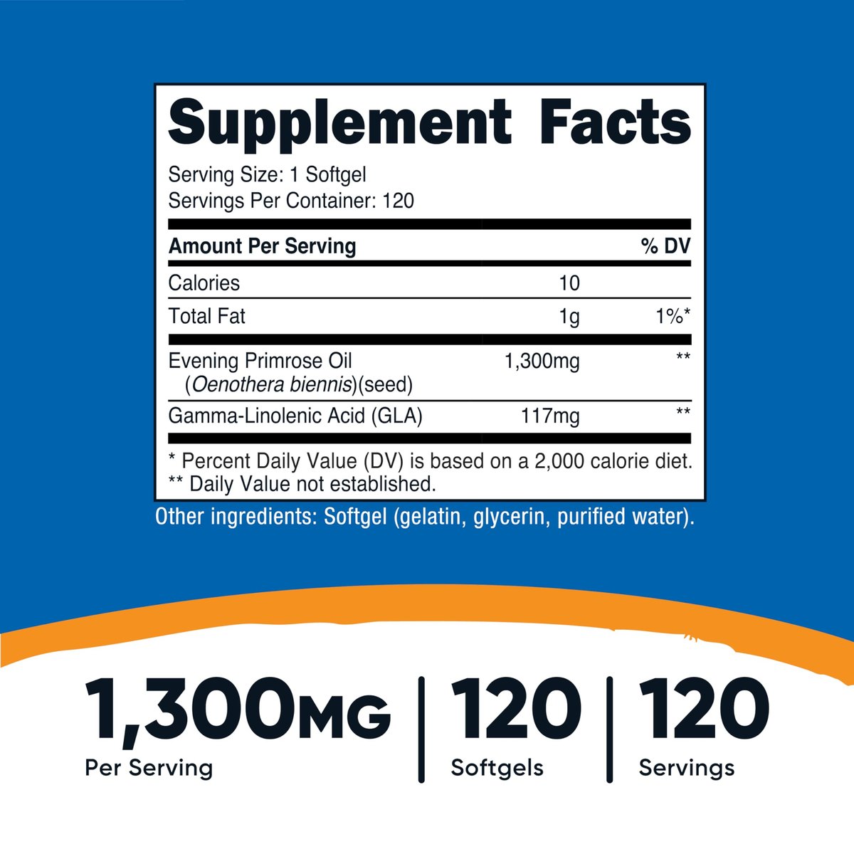 Nutricost Nachtkerzenöl 1.300 mg, 120 Softgels – Kaltgepresst, Non-GMO, Glutenfrei, 120 Portionen