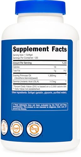 Nutricost Nachtkerzenöl 1.300 mg, 120 Softgels – Kaltgepresst, Non-GMO, Glutenfrei, 120 Portionen